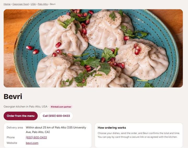 Bevri's restaurant page on Khinkali.com