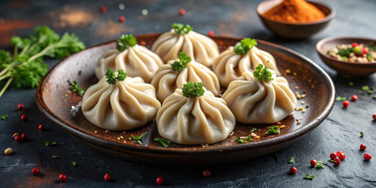 Three khinkali on a plate (illustration)
