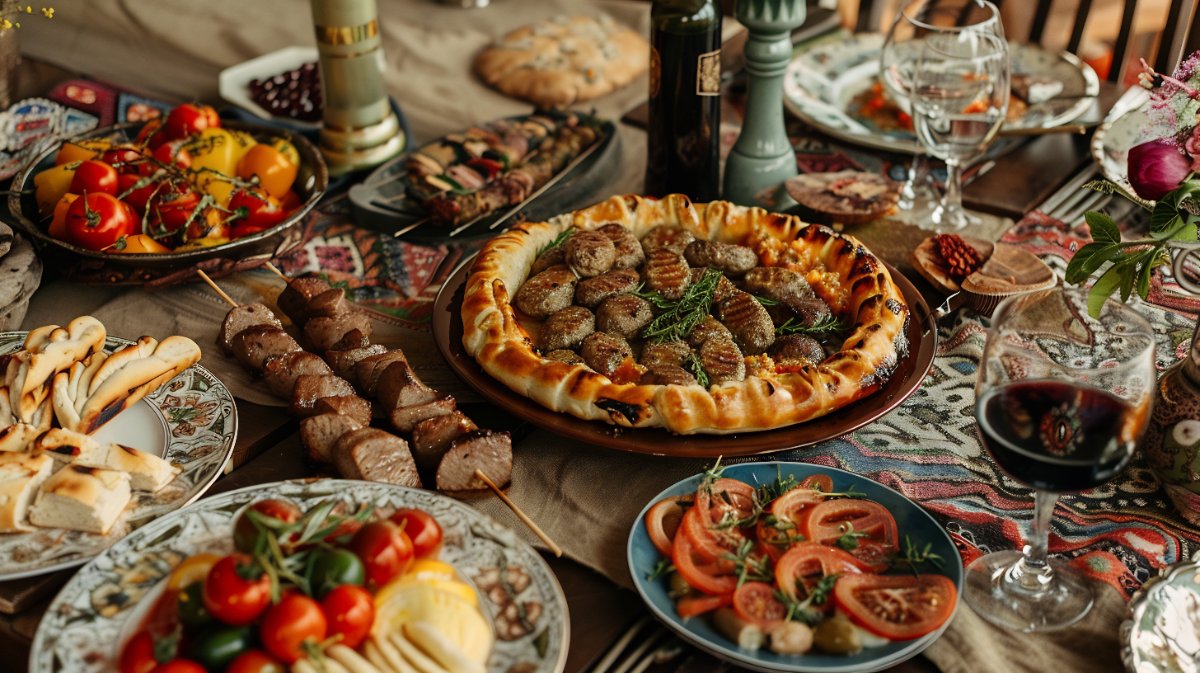 A Georgian supra table with many dishes and wine (illustration)